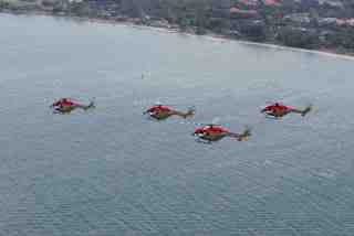 The Sarang helicopter display team conducts its inaugural practice display in Singapore